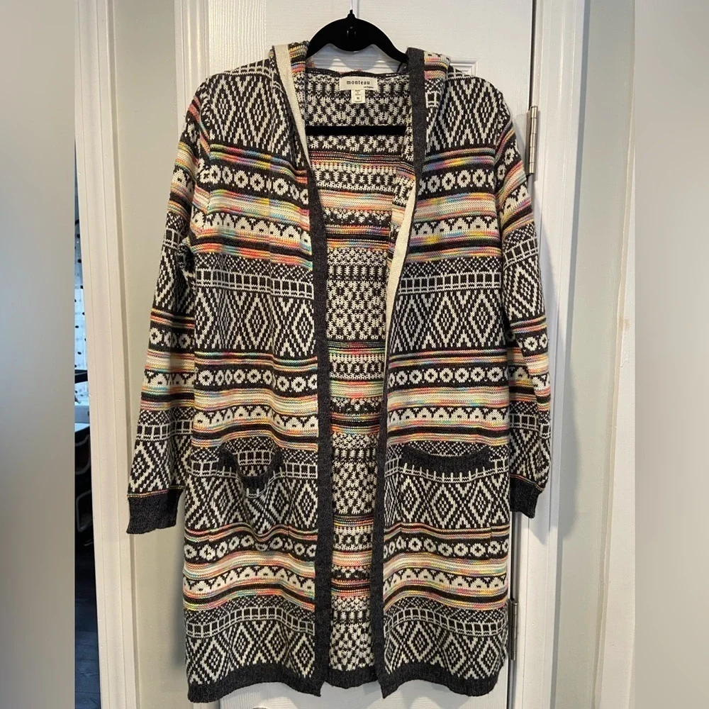 Monteau Size M Neon Stripe Black Cream Aztec Knit Open Front Hooded Cardigan